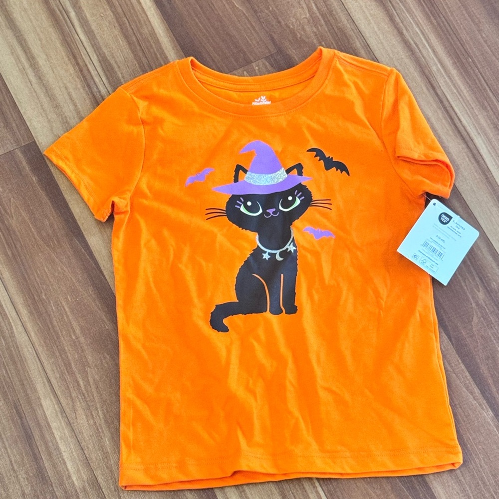 Kids Halloween Orange T-Shirt with Black Cat Design